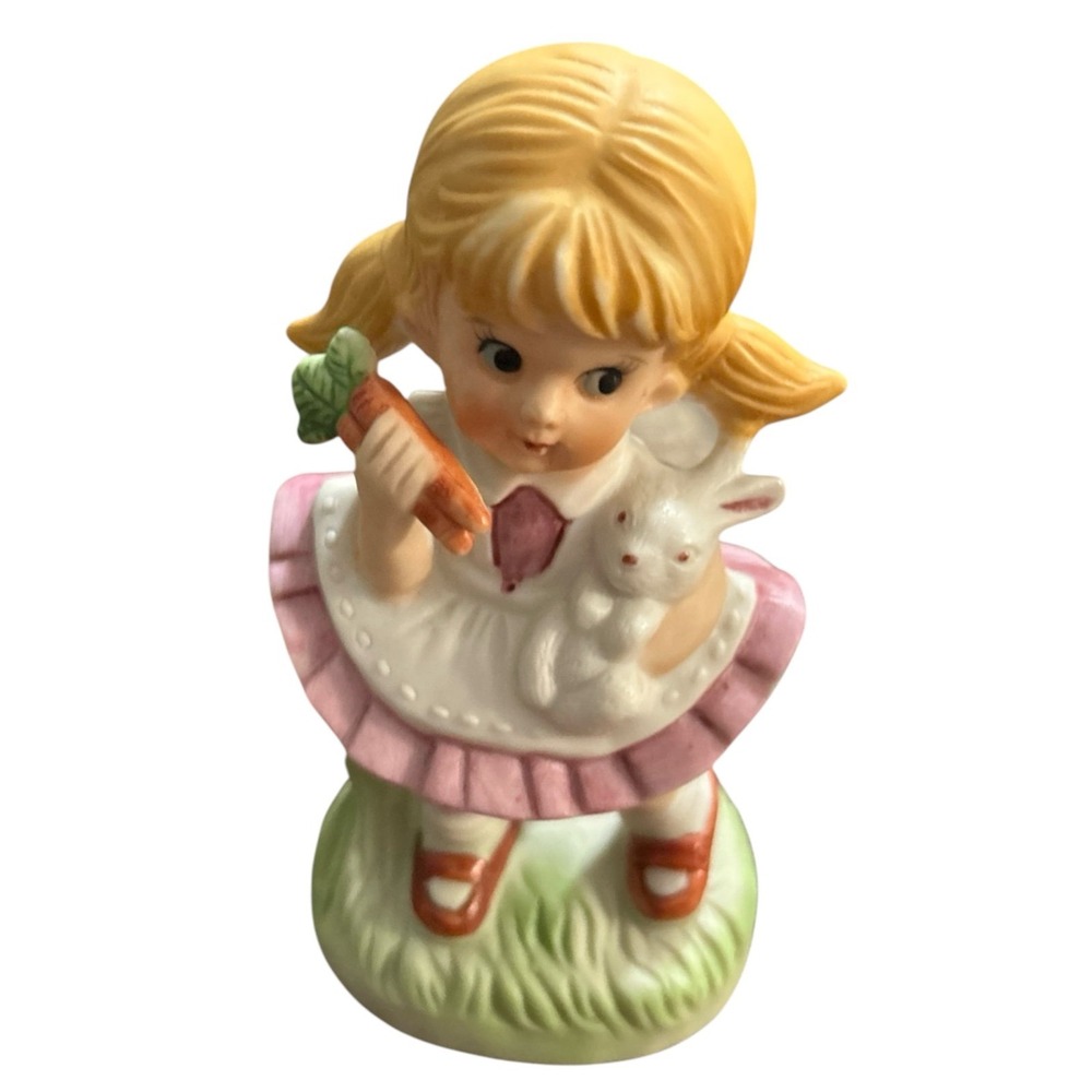 Vintage HOMCO Blonde Porcelain Girl holdings bunny and Carrots -‎ Easter decor